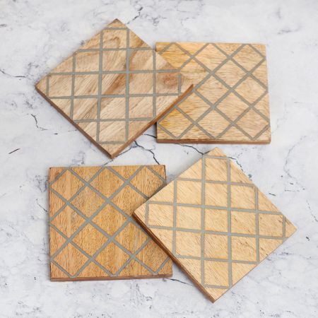 Square Shaped Wooden Coasters for Home Decor - Pack of 4